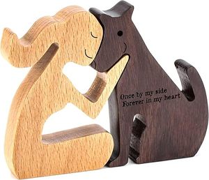 Hand Carved Wooden Woman and Dog Statue Beech Wood Animal Figure <b>Memorial</b> Ornament Home Decor Gift - Product Image 1
