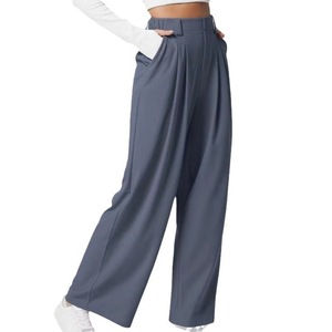 Pantalones de Pierna Ancha de Cintura Alta para Mujer, Color Sólido, Plisados, Corte Holgado, Largos, Casuales, de Crepé Antiarrugas para Otoño - Product Image 5