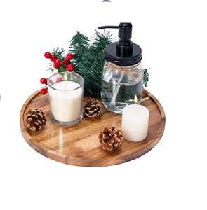 ถาดไม้ทรงกลมตกแต่งพร้อมที่ใส่เทียนแบบโหลแก้ว ตกแต่งด้วยใบไม้สไตล์ฟาร์มเฮาส์ สำหรับเสิร์ฟกาแฟบนโต๊ะ - Product Image 1