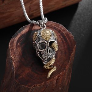 Collier pendentif crâne pour homme, en alliage d'argent, motif serpent enroulé, bijoux thématiques, style rock hip-hop, cadeau - Product Image 3