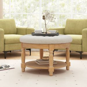 29-Inch Large Round Tufted Footrest Ottoman 2-Tier Coffee <b>Table</b> <b>with</b> Flip-Up Top Upholstered <b>Stools</b> & Ottomans - Product Image 6