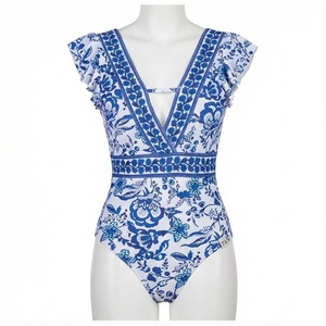 Traje de Baño de Una Pieza con Estampado Floral Azul para Mujer, Cuello en V Profundo, Manga con Volantes, Cintura Alta, Traje de Baño Elástico - Product Image 1