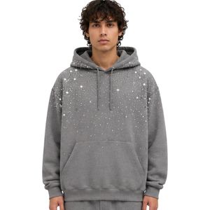 Sweat à capuche gris oversize en molleton pour homme, motif étoile en strass, en coton épais, style streetwear, décontracté, hiver, OEM - Product Image 1