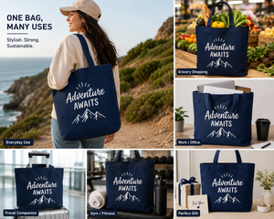 L'aventure vous attend : Sac fourre-tout en toile bleu marine personnalisé avec impression de montagne, poignée supérieure, idéal pour les voyages et le shopping - Product Image 6