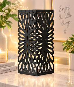 Porte-parapluies moderne en métal noir thermolaqué, double face, capacité pour 12 parapluies, fonction tout-en-un, design à motif de feuilles - Product Image 3