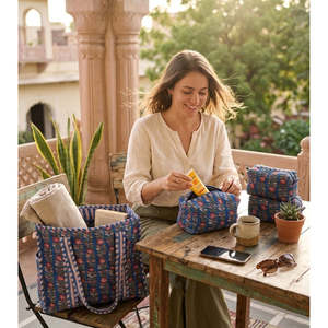 Sac fourre-tout double en coton pur de Jaipur, matelassé à la main, avec broderie ouverte, fermeture éclair, style bohème vintage, couleur unie, pour femme - Product Image 5