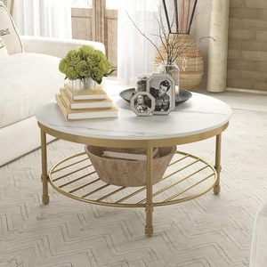 Modern <b>Coffee</b> <b>Table</b> with Open Storage Shelf Industrial <b>Rustic</b> Accent Center <b>Table</b> with Marble White Wooden Top Gold Metal - Product Image 6
