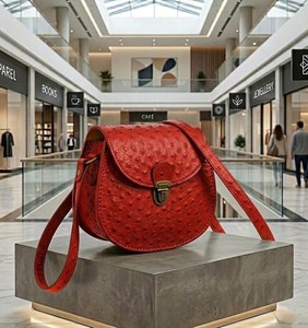 กระเป๋าหนังนกกระจอกเทศแท้ทรงอานม้าแบบสะพายข้าง ปิดด้วยหัวเข็มขัด ดีไซน์วินเทจ บุด้วยหนัง สะพายไหล่หรือถือได้ ผลิตตามสั่ง - Product Image 4