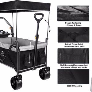 Carrello Pieghevole Robusto con Tettuccio Rimovibile, Ruote Grandi da 4 Pollici per Tutti i Terreni, Freno e Maniglia Regolabile per Uso in Spiaggia - Product Image 5