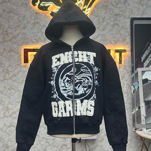 Fresh Material Trending Design Zipper Distressed Hoodie <b>Rhinestone</b> Zip up <b>Jacket</b> Acid Wash Men Fleece Streetwear Hoodie - Product Image 1