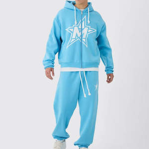 Ensemble de survêtement décontracté pour homme, bleu ciel uni, léger, avec sweat à capuche et pantalon de jogging, deux pièces, style streetwear - Product Image 1