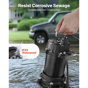 Pompa Sommergibile per Acque Reflue/Effluenti da 1/2 HP 6000 GPH, Automatica, Scarico NPT da 2 Pollici, in Ghisa con Interruttore a Galleggiante con Cordino - Product Image 4
