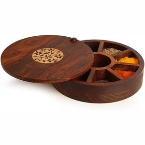 Handmade <b>Wooden</b> Spice Box Round Spice Organizer Container Masala Dabba Indian Spice <b>Rack</b> <b>Storage</b> Box with Lid Kitchen <b>Storage</b> - Product Image 1