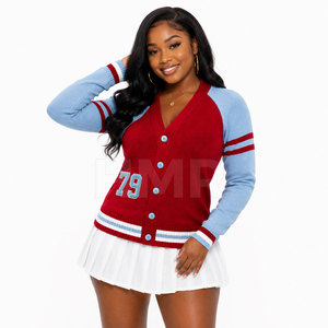HMR Sorority Sisterhood <b>Red</b> Blue Knitted <b>Cardigan</b> V-Neck Raglan Sleeve Preppy Style Full Sleeve Button Closure - Product Image 3