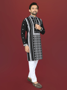 Kurta de Algodón Negro para Hombre con Bordado Blanco, Traje Tradicional Indio para Bodas, Largo hasta el Tobillo, Corte Regular - Product Image 2