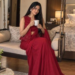 Karva Chauth Chinon Silk Floor-Length Jacket Koti Lehenga Saree Set Zari Thread Embroidery Ready Wear Blouse Festive Party Wear - Product Image 2