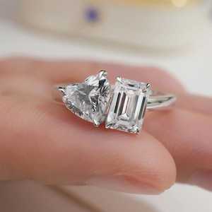Shining Lab Grown 1.01CT Each Heart & Emerald Cut Diamond Toi Et Moi <b>Ring</b> For Women's 14K White Gold Fine Surprise Gift Her - Product Image 1