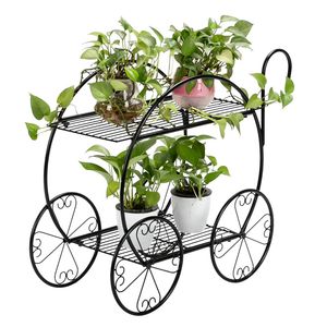 Carrello Portapiante Nero a 2 Livelli a Forma di Carrello per Arredamento da Esterno con Maniglia - Product Image 3