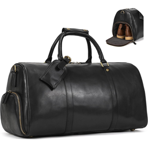 Sac de voyage en cuir avec compartiment à chaussures, fermeture éclair, unisexe, noir, 36-55L, poignée souple - Product Image 1