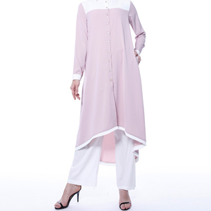 ชุดเสื้อและกางเกงขายาวสีพื้นแบบเรียบง่าย สไตล์มุสลิม แขนยาว คอโอ ทรงหลวม สีชมพูขาว สำหรับทุกเพศ - Product Image 2