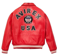 Blouson aviateur en cuir PU rouge pour homme Avirex avec patch brodé, col rabattu, fermeture éclair, style décontracté