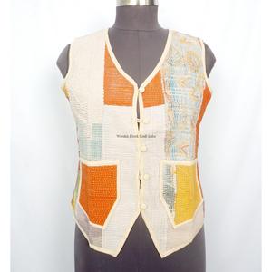 Elegant Handmade Breathable Cotton <b>Kantha</b> V-Neck Women's Waistcoat Winter Short <b>Jacket</b> Vest Embroidered Back Logo Vintage - Product Image 1