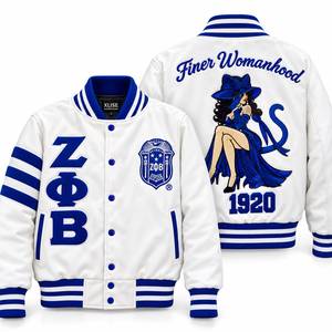 เสื้อแจ็คเก็ตวาร์ซิตี้กันน้ำผ้าซาติน Zeta Phi Beta สีขาวน้ำเงิน ปักอักษรสมาคมพี่น้องกรีก ผลิตตามสั่ง OEM - Product Image 1