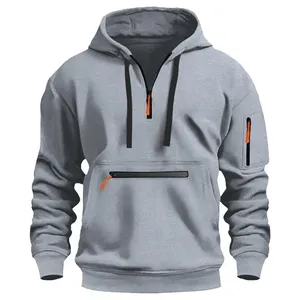 Men's <b>White</b> Hooded <b>Quarter</b> <b>Zip</b> Fleece Lined Front Logo Sweatshirt Regular Fit Solid Color Casual Knitted Pocket Design Winter - Product Image 2