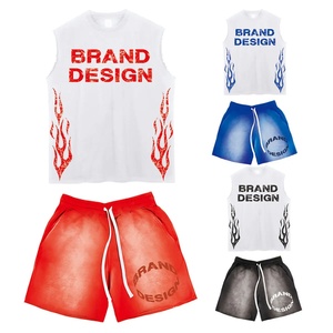 Men's Custom Two-Piece Set Breathable Cotton Acid <b>Wash</b> Sweat Shorts Sleeveless T-Shirt Distressed Casual Style High Elastic - Product Image 2