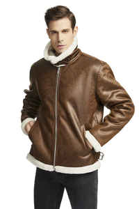 Chaqueta Bomber de Cuero Genuino para Hombre, Cuello Camisero, Cierre de Cremallera, Color Sólido, Forro de Piel Sintética, Abrigo de Invierno, Estilo Casual - Product Image 3