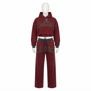 Custom Women Acid Wash <b>Burgundy</b> Cropped Hoodie Wide Leg Jogger Set Cotton Fleece Streetwear OEM Wholesale - Product Image 3