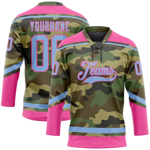 Custom Sublimated Ice Hockey Jersey Camouflage Pink Blue Teams Logo V-Neck Three Quarter Sleeve Adult Unisex Moisture Wicking - Product Image 1
