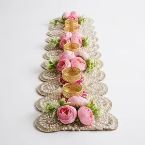 Floral Tapestry Table Runner with <b>Pink</b> Roses and Handmade Gold <b>Candle</b> Holders for Wedding Easter & Christmas Home Decor - Product Image 4