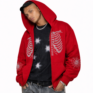 Sweat-shirts à capuche streetwear surdimensionnés en molleton de coton rouge avec fermeture éclair intégrale et logo pour hommes, personnalisables avec nom de marque, en tissu épais, commandes en gros - Product Image 5