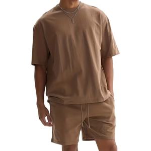 Ensemble deux pièces décontracté en coton pur de qualité supérieure pour l'été, t-shirt court et short, unisexe, col rond en coton intégral - Product Image 1