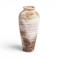 Vase de sol rustique en terre cuite côtelée, grande urne en argile blanchie, poterie artisanale rainurée de style antique méditerranéen, décoration intérieure Bali Home
