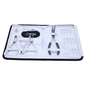 Kit completo de herramientas para extensiones de cabello de salón, color blanco, con herramienta de crimpado de microperlas, alicates para extensiones de cinta, cortador de adhesivos, agujas de coser y clips. - Product Image 1