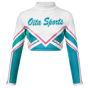 Teal Pink White Sublimated Cheer <b>Long</b> Sleeve Uniform Set Pleated <b>Skirt</b> Team Athletic Sportswear Training Practice Performance - Product Image 1