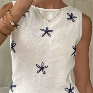 Top de Punto Blanco con Bordado Floral Azul, Chaleco sin Mangas para Mujer, Cuello Redondo, Camisa Casual de Verano, Blusa, Ropa de Moda - Product Image 1