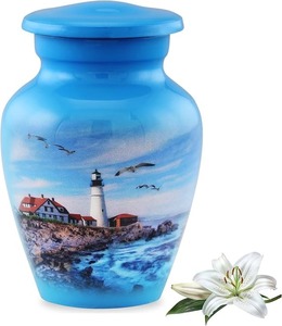 Urne funéraire bleue avec scène de phare, style américain, récipient commémoratif pour cendres d'adultes, urne classique pour cendres humaines - Product Image 1