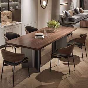 Table à manger noire moderne et écologique, base géométrique unique, plateau en bois de noyer massif, design rectangulaire luxueux, pieds en bois, 6 places - Product Image 2