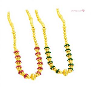 22K <b>Solid</b> Gold Beaded Mala <b>Necklace</b> with Pink and Green Emerald Color Gemstone Accents for Women and Brides - Product Image 1