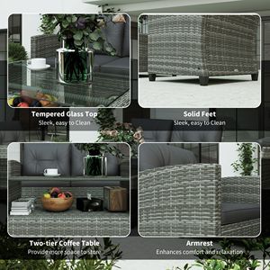 Set di mobili da giardino in vimini di rattan PE a 4 pezzi color carbone con tavolino a due livelli e cuscini - Product Image 6