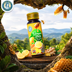 Bebida VINUT TRUST Ginger Shot 50ML con jengibre, miel y limón para refuerzar la inmunidad en adultos, en botella de vidrio, sabor dulce. - Product Image 1