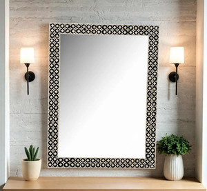 Bohemian Rectangular Wall <b>Mirror</b> with <b>Wooden</b> Frame and Blue White Decorative Mosaic Tiles - Product Image 6