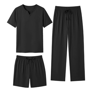 Conjunto de camiseta y pantalones cortos casuales de verano para hombre, cuello en V, color sólido, tejido de algodón y spandex, transpirable. - Product Image 6