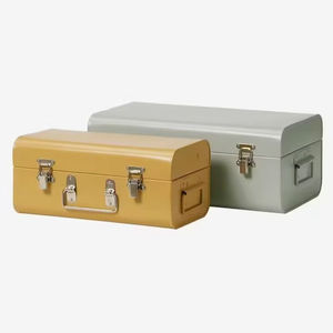Elegante juego de baúles metálicos color mostaza y salvia con herrajes plateados para interiores contemporáneos - Product Image 1