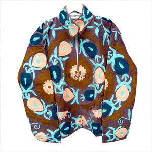 Handmade Corduroy <b>Jacket</b> Floral Embroidery Blazer Mandarin Collar Full Sleeve Zipper Closure Autumn Winter - Product Image 1