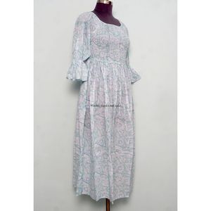 เดรสยาวคอเหลี่ยมผ้าฝ้ายลายพิมพ์บล็อกมือสำหรับฤดูร้อน เดรสสั้นแขนยาวลายดอกไม้สำหรับผู้หญิง - Product Image 4