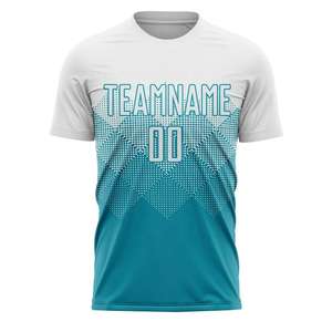 เสื้อยืดกีฬาแบบซับลิเมชั่นสีขาวไล่เฉดเขียวอมฟ้า พร้อมพิมพ์ชื่อและหมายเลขทีม - Product Image 2